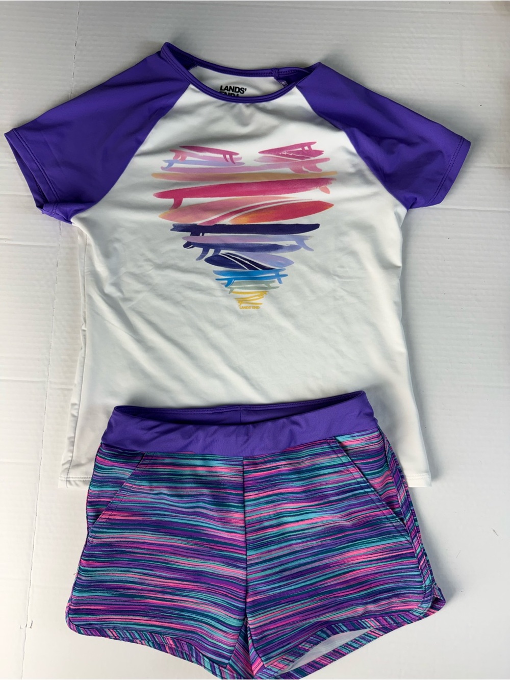 Lands' End White and Purple Girls' Rash Guard Swim Set